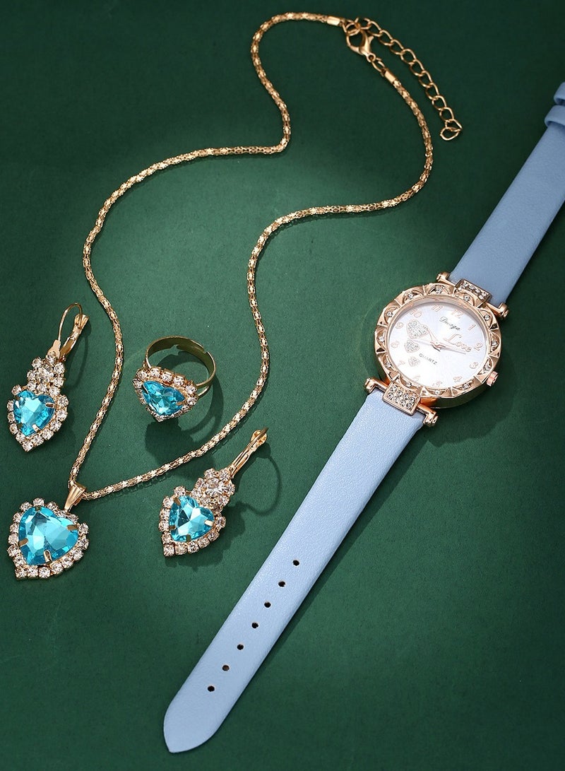 Geneva Ladies Watch Fashionable Women Quartz Diamond Wristwatch Classic Simple Watches Business Decoration Bangle Bracelet Necklace Ring Earring Girl Gift Set - Image 2