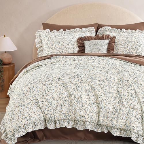BLOOMHAVEN Full Comforter Set - 7 Pieces Ruffle Beige Ditzy Bedding Sets, Shabby Chic Farmhouse Bed in a Bag Full with Floral Comforter, Sheets, Pillowcases & Shams - Image 1