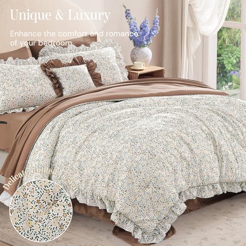 BLOOMHAVEN Full Comforter Set - 7 Pieces Ruffle Beige Ditzy Bedding Sets, Shabby Chic Farmhouse Bed in a Bag Full with Floral Comforter, Sheets, Pillowcases & Shams - Image 2