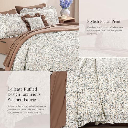 BLOOMHAVEN Full Comforter Set - 7 Pieces Ruffle Beige Ditzy Bedding Sets, Shabby Chic Farmhouse Bed in a Bag Full with Floral Comforter, Sheets, Pillowcases & Shams - Image 4