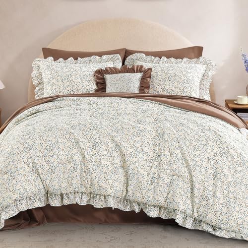 BLOOMHAVEN Full Comforter Set - 7 Pieces Ruffle Beige Ditzy Bedding Sets, Shabby Chic Farmhouse Bed in a Bag Full with Floral Comforter, Sheets, Pillowcases & Shams - Image 5