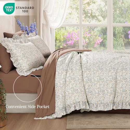 BLOOMHAVEN Full Comforter Set - 7 Pieces Ruffle Beige Ditzy Bedding Sets, Shabby Chic Farmhouse Bed in a Bag Full with Floral Comforter, Sheets, Pillowcases & Shams - Image 3