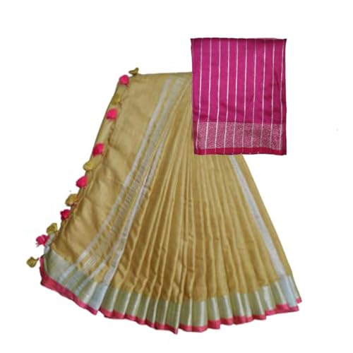 SheenKraft Bhagalpuri Linen Handloom Cotton Blend Saree for Women (Buff_Tan-Pink Striped) - Image 1