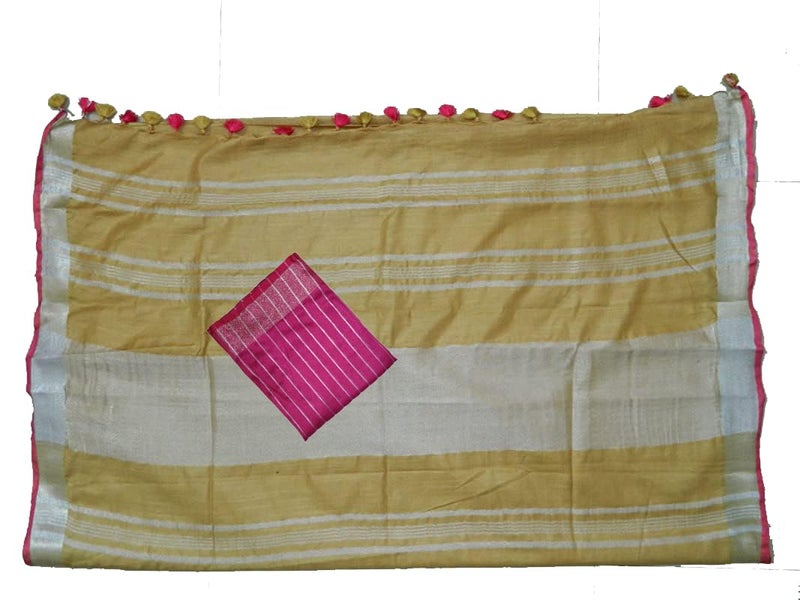SheenKraft Bhagalpuri Linen Handloom Cotton Blend Saree for Women (Buff_Tan-Pink Striped) - Image 3