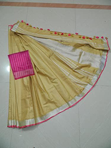 SheenKraft Bhagalpuri Linen Handloom Cotton Blend Saree for Women (Buff_Tan-Pink Striped) - Image 5