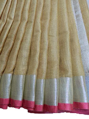 SheenKraft Bhagalpuri Linen Handloom Cotton Blend Saree for Women (Buff_Tan-Pink Striped) - Image 2