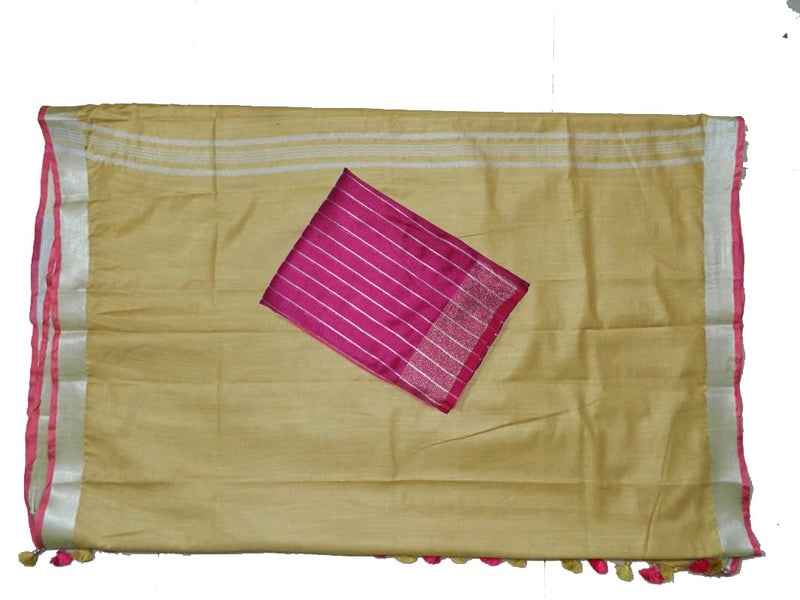 SheenKraft Bhagalpuri Linen Handloom Cotton Blend Saree for Women (Buff_Tan-Pink Striped) - Image 4