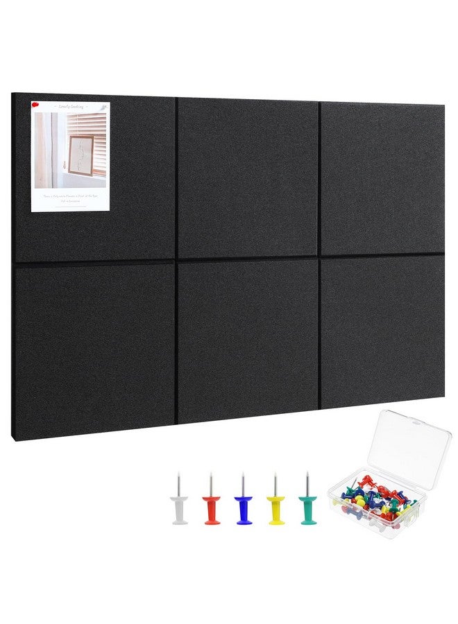 Thboxes Large Cork Board 36" X 24", 6 Pack Felt Wall Tiles With Colored 30 Pcs Pushpins, Black Bulletin Board With Removable Self-Adhesive Strips, Pin Board Cork Boards For Walls Office Home- Black - Image 1
