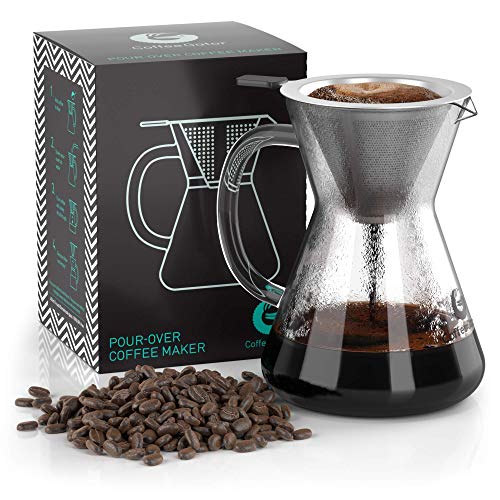 Coffee Gator صانعة القهوة بورت أوفر من كوفي غيتور - 14 أونصة زجاج بوروسيليكات عالي الحرارة مع فلتر ستانلس ستيل قابل لإعادة الاستخدام، مجموعة صانعة القهوة بورت أوفر، 400 مل شفاف - Image 1