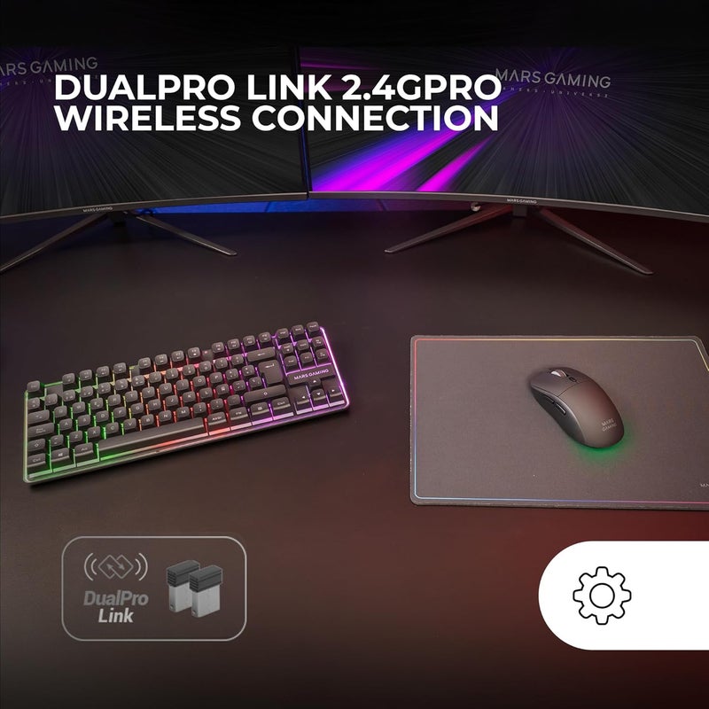 MARS GAMING MCPWTKL, Wireless Gaming Combo, DualPro Link 2.4GPRO Technology, TKL FRGB Rainbow Keyboard + RGB Mouse 3200DPI and HUANO Switches + Non-Slip Mat 360x260mm, Black, Portuguese - Image 2