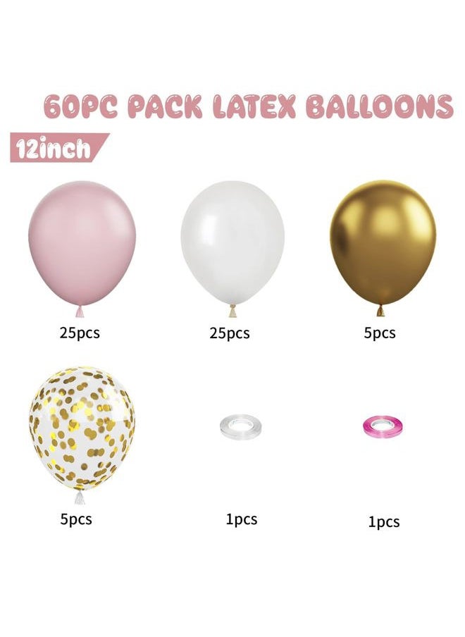 Lather & Wood Shaving Co - Balloons Pink White and Gold, 60 pcs 12 Inch Pastel Pink White Balloons with Metallic Chrome Gold Confetti Latex Balloons, Pink Gold Party Balloon for Girls Bithday Baby Shower Wedding Decorations - Image 1