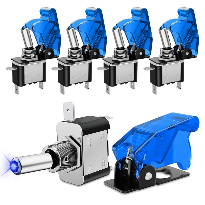 Nilight 5PCS LED Toggle Switch ON Off 12V Blue Lighted Aircraft Safety Cover Heavy Duty 20A SPST 3 Pin Rocker for Automotive Cars Trucks Boats Racing Cars,2 Years Warranty - Image 1