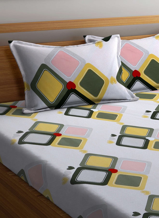 Arrabi White Geometric Cotton 300 TC King Fine Bedsheet with 2 Pillow Covers - Image 3