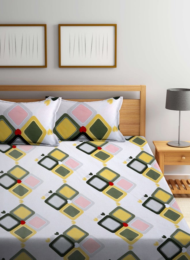 Arrabi White Geometric Cotton 300 TC King Fine Bedsheet with 2 Pillow Covers - Image 2