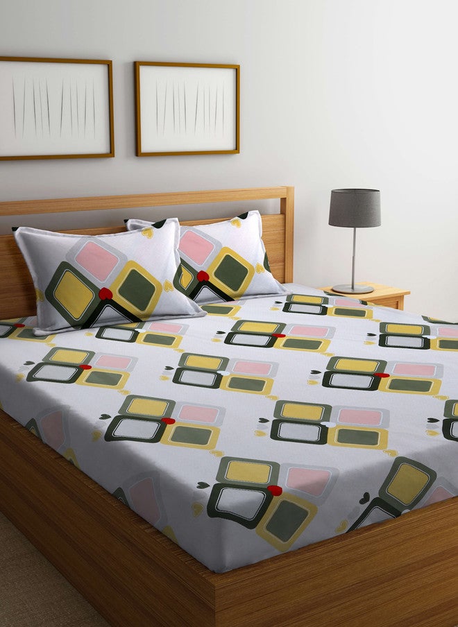 Arrabi White Geometric Cotton 300 TC King Fine Bedsheet with 2 Pillow Covers - Image 1