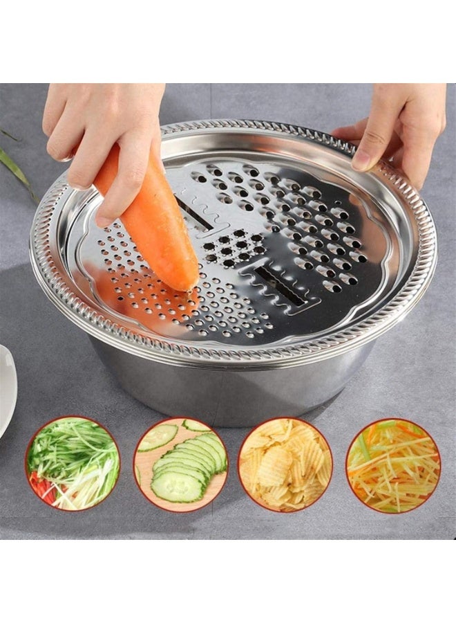 مجموعة مبشرة حوض من الفولاذ المقاوم للصدأ 3 في 1 مع قطاعة خضراوات ومنخل أرز - مجموعة أدوات مطبخ لتقطيع وغسل وشطف وتقطيع وتحضير الخضراوات والفواكه والأرز والسلطة - وعاء خلط متين من الفولاذ المقاوم للصدأ للطهي المنزلي وإعداد الوجبات - Image 3