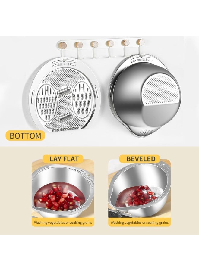 مجموعة مبشرة حوض من الفولاذ المقاوم للصدأ 3 في 1 مع قطاعة خضراوات ومنخل أرز - مجموعة أدوات مطبخ لتقطيع وغسل وشطف وتقطيع وتحضير الخضراوات والفواكه والأرز والسلطة - وعاء خلط متين من الفولاذ المقاوم للصدأ للطهي المنزلي وإعداد الوجبات - Image 5