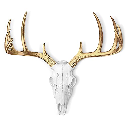 Wallcharmers WALL CHARMERS Mini White + Gold Antler Faux Deer Skull - 16" Faux Taxidermy Animal Head Wall Decor - Handmade Farmhouse Decor - Image 1