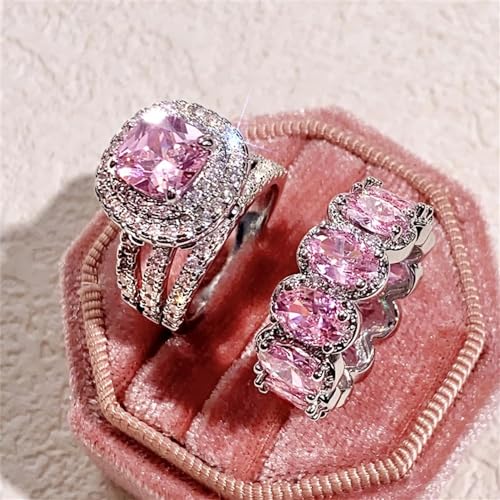 AZQ 925 Sterling Silver Shiny Full Diamond Gemstone Ring 2Pcs 18K Gold Pink Cubic Zirconia Promise Rings CZ Bride Diamond Multi Row Ring Eternity Engagement Wedding Party Band Ring Sets A.18 (US Code 7) - Image 2