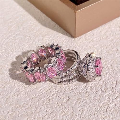AZQ 925 Sterling Silver Shiny Full Diamond Gemstone Ring 2Pcs 18K Gold Pink Cubic Zirconia Promise Rings CZ Bride Diamond Multi Row Ring Eternity Engagement Wedding Party Band Ring Sets A.18 (US Code 7) - Image 3