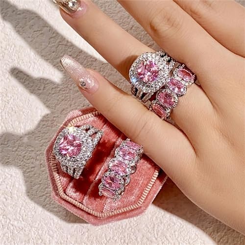 AZQ 925 Sterling Silver Shiny Full Diamond Gemstone Ring 2Pcs 18K Gold Pink Cubic Zirconia Promise Rings CZ Bride Diamond Multi Row Ring Eternity Engagement Wedding Party Band Ring Sets A.18 (US Code 7) - Image 5
