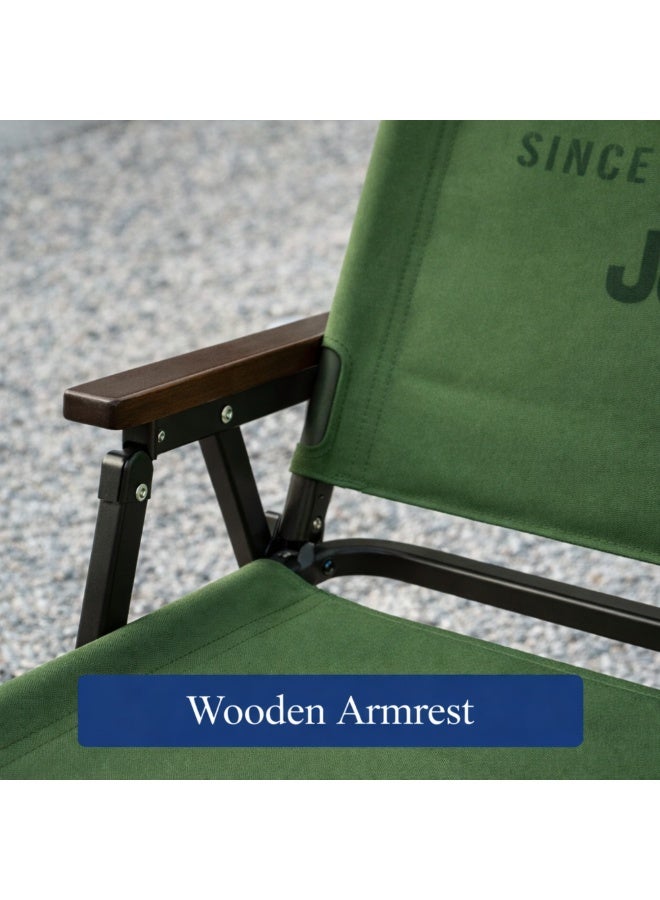 جيب كرسي تخييم قابل للطي شديد التحمل من جيب دبل أوكسفورد - كرسي محمول قابل للطي للاستخدام الخارجي/الشاطئ/النزهات مع مسند ذراع خشبي - بيج وأخضر عسكري - Image 2