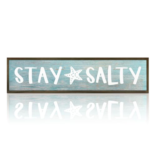 WKYAER Beach Decoration, Funny Summer Decor Sign, Wall Decors Art, Ocean Coastal Home Decor for Living Room, Bathroom, Beach House Decoration, Framed Wooden Box Sign, Stay Salty Signs 17.8x4x1.2 inches 25 - Image 1