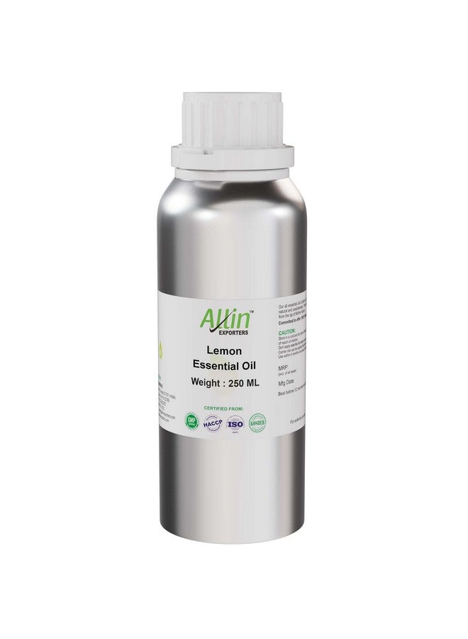 ألين إكسبورترز زيت الليمون العطري من Allin Exporters طبيعي 100%، نقي وذو درجة علاجية للبشرة والوجه والشعر والعلاج بالروائح وموزع الروائح ومزيجات التنظيف المنزلية وصنع الصابون والشموع (250 مل) - Image 1