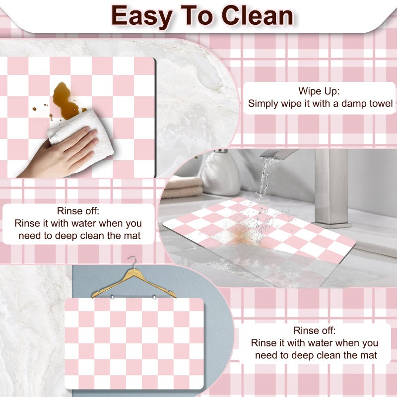 BLESWIN Dish Drying Mat for Kitchen, 16â€™â€™ X 18â€™â€™ Coffee Bar Mats for Countertop Fit Under Coffee Maker, Checkered Drying Mat, Hide Stain Rubber Backed Espresso Machine Absorbent Drying Pad, Pink & White - Image 4