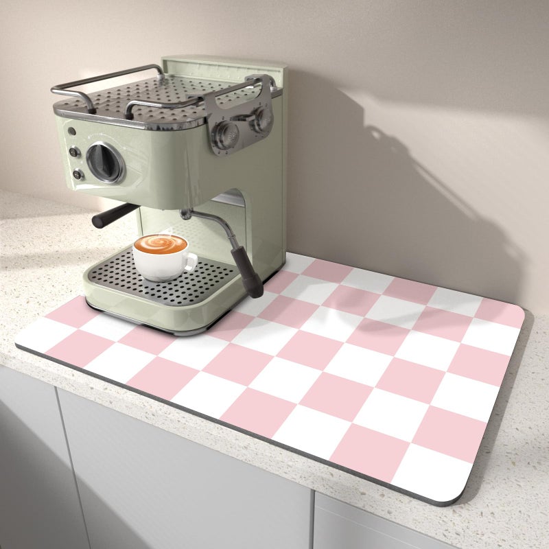 BLESWIN Dish Drying Mat for Kitchen, 16â€™â€™ X 18â€™â€™ Coffee Bar Mats for Countertop Fit Under Coffee Maker, Checkered Drying Mat, Hide Stain Rubber Backed Espresso Machine Absorbent Drying Pad, Pink & White - Image 1