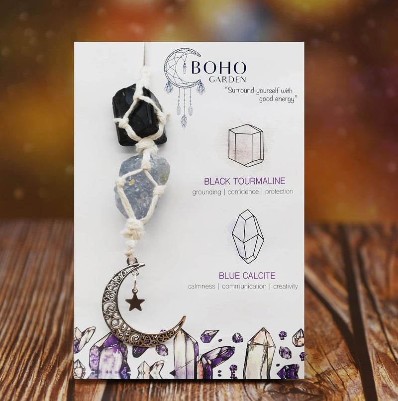BOHO GARDEN Hanging Car Charm - Black Tourmaline & Blue Calcite - Dangling Moon & Healing Crystal Accessories, Rearview Mirror Decorations - Confidence, Calmness, Creativity, Protection, Communication - Image 1