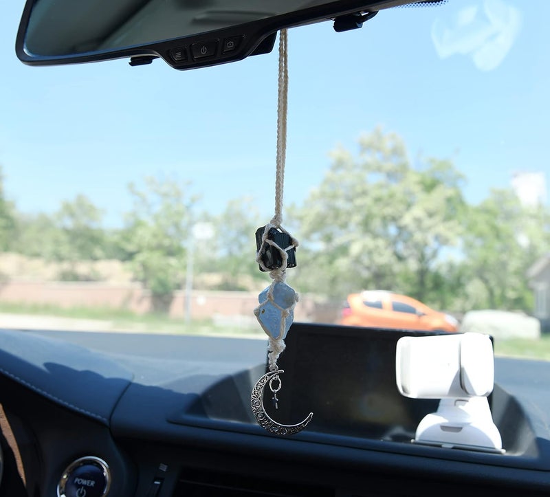 BOHO GARDEN Hanging Car Charm - Black Tourmaline & Blue Calcite - Dangling Moon & Healing Crystal Accessories, Rearview Mirror Decorations - Confidence, Calmness, Creativity, Protection, Communication - Image 3