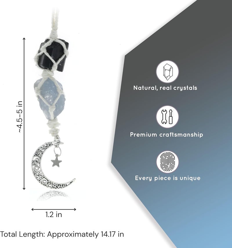 BOHO GARDEN Hanging Car Charm - Black Tourmaline & Blue Calcite - Dangling Moon & Healing Crystal Accessories, Rearview Mirror Decorations - Confidence, Calmness, Creativity, Protection, Communication - Image 2