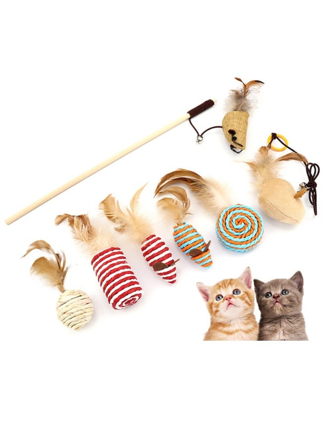 7 Pcs Cat Toy Set, Interactive Cat Feather Toys, 40cm Pet Cat Teaser Toy, Teaser Refills Mouse Toy with Mini Bell, Cat Teaser Toys for Indoor Cats Kitten Play Chase Exercise  - Image 1