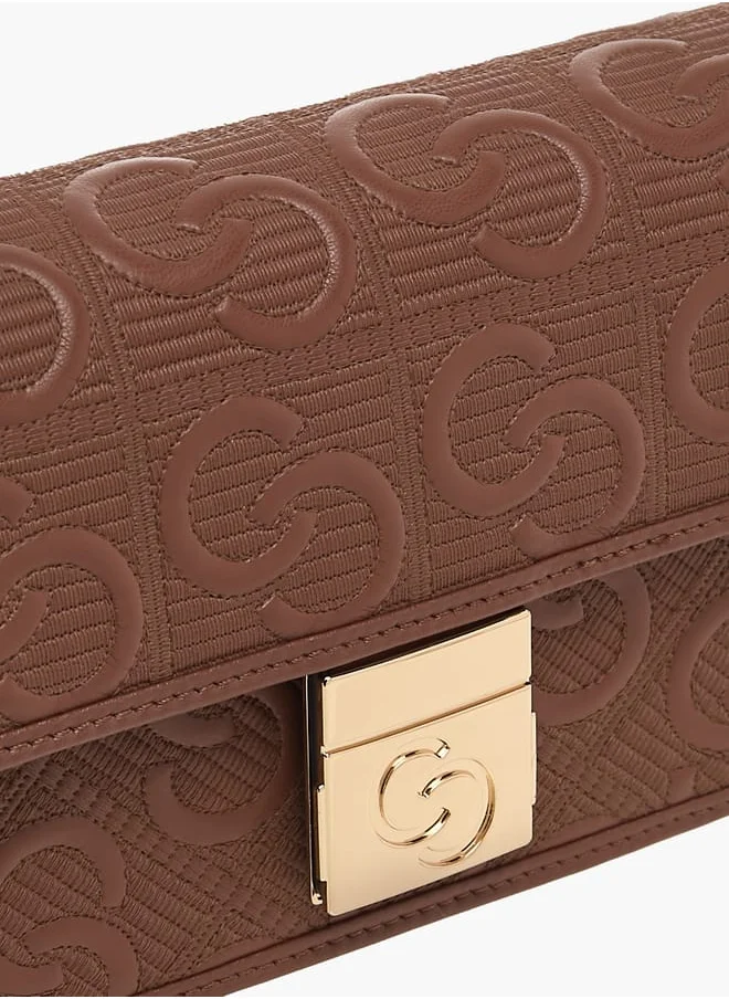 Celeste Womens All-Over Monogram Textured Crossbody Bag With Flap Closure