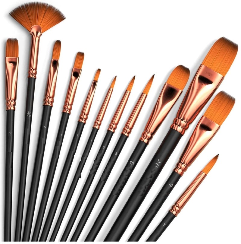 Twizzle Craft Painting Brushes Set of 12 Professional Round Pointed Tip Nylon Hair Artist Acrylic Paint Brush for Acrylic/Watercolor/Oil Painting (Black) - Image 1
