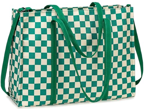 BTOOP Laptop Tote Bag for Women Work 15.6 inch Canvas Shoulder Bags Computer Messenger Purse Teacher Handbag Office Briefcase (Green-White Checkered) - Image 1