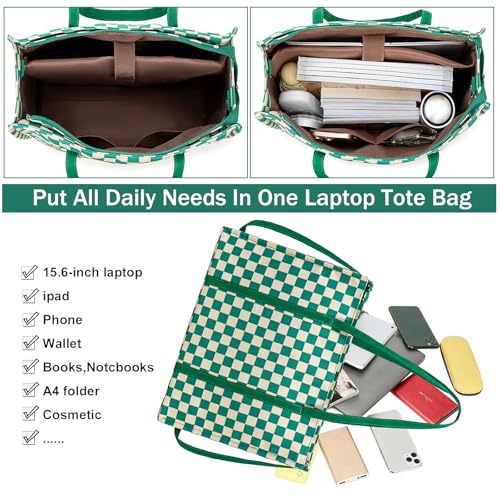 BTOOP Laptop Tote Bag for Women Work 15.6 inch Canvas Shoulder Bags Computer Messenger Purse Teacher Handbag Office Briefcase (Green-White Checkered) - Image 5