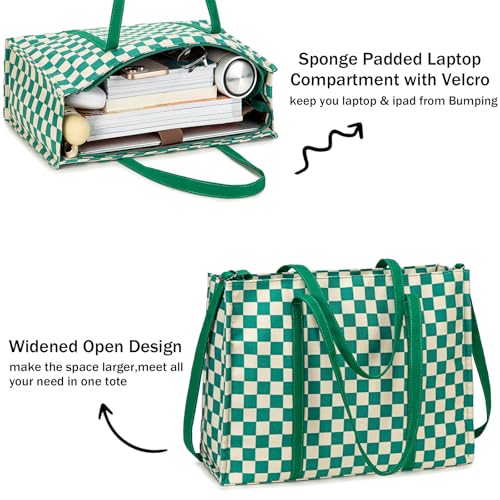 BTOOP Laptop Tote Bag for Women Work 15.6 inch Canvas Shoulder Bags Computer Messenger Purse Teacher Handbag Office Briefcase (Green-White Checkered) - Image 4