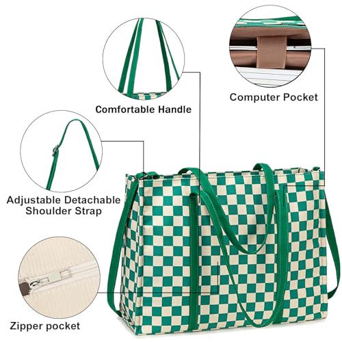 BTOOP Laptop Tote Bag for Women Work 15.6 inch Canvas Shoulder Bags Computer Messenger Purse Teacher Handbag Office Briefcase (Green-White Checkered) - Image 3