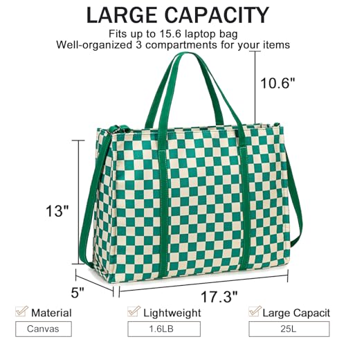 BTOOP Laptop Tote Bag for Women Work 15.6 inch Canvas Shoulder Bags Computer Messenger Purse Teacher Handbag Office Briefcase (Green-White Checkered) - Image 2