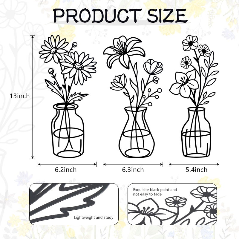 OYEFLY 3 Pieces Metal Flowers Wall Arts,Black Metal Vase Wall Art,Rustic Farmhouse Decor (Black) - Image 2