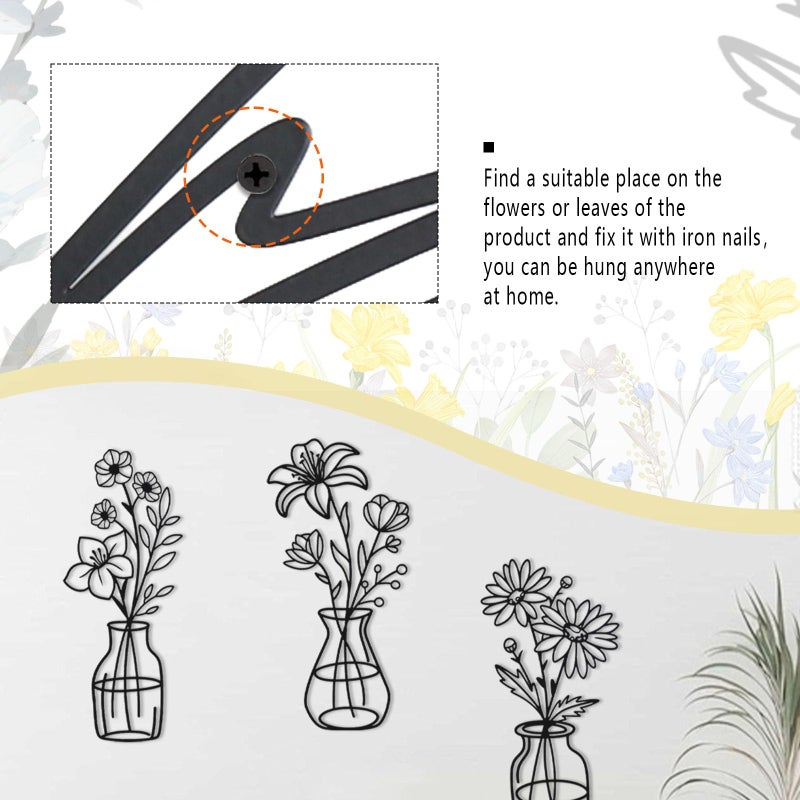 OYEFLY 3 Pieces Metal Flowers Wall Arts,Black Metal Vase Wall Art,Rustic Farmhouse Decor (Black) - Image 3