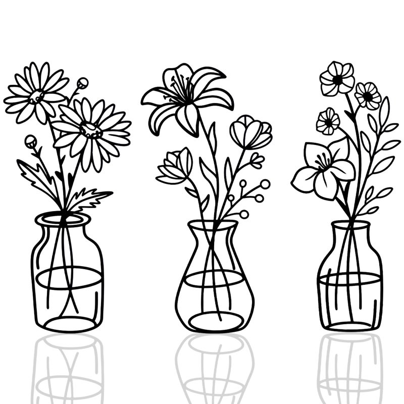 OYEFLY 3 Pieces Metal Flowers Wall Arts,Black Metal Vase Wall Art,Rustic Farmhouse Decor (Black) - Image 1