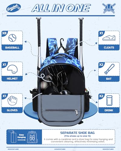 FOKDUVB Baseball Softball Backpack for Kids Boys Girls 68 812 1214 Large Youth Bat Bag for Gear Storage Baseball Softball Tball Equipment Back Pack with Separate Shoe Bag BlueWhite Lightning - Image 3