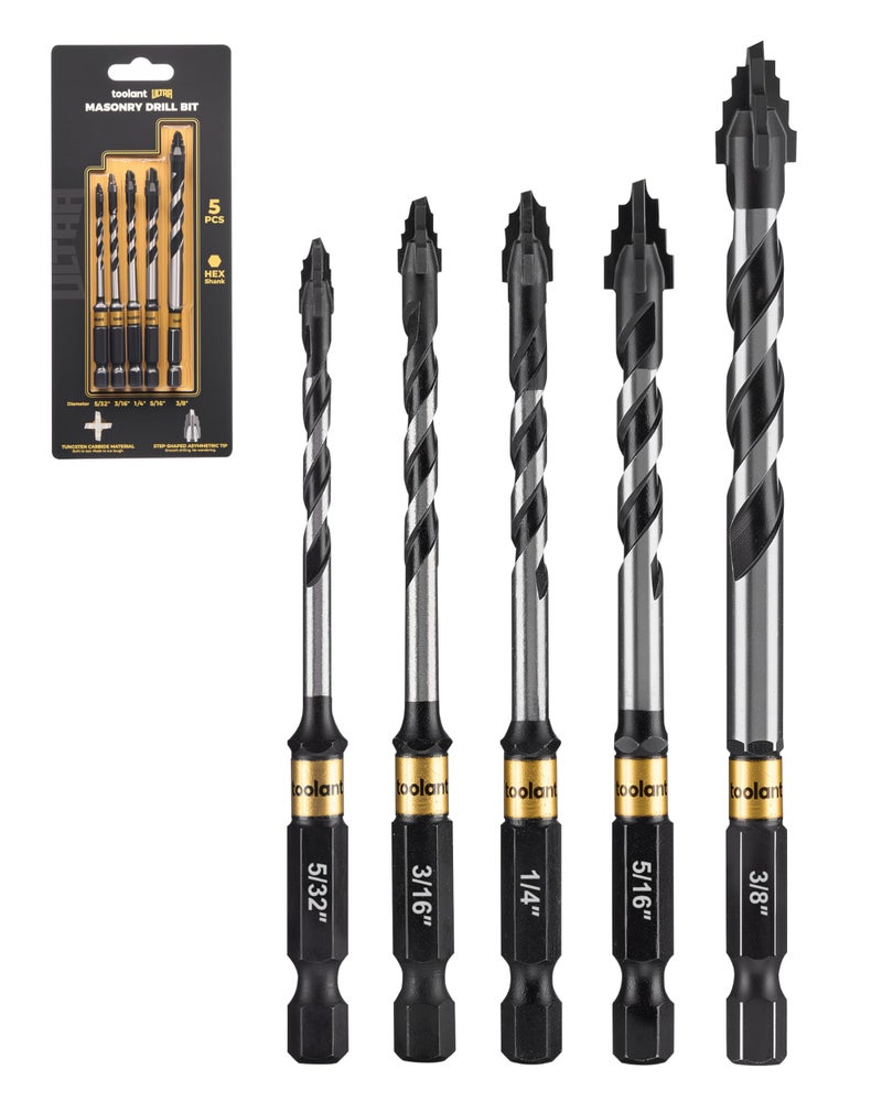 toolant Serrated Eccentric Masonry Drill Bit Set(5pcs),Four Edge Concrete Drill Bits for Glass, Tile, Brick, Cement Concrete,5/32"-3/8",Industrial Strength Carbide Drill Bit Tip - Image 1