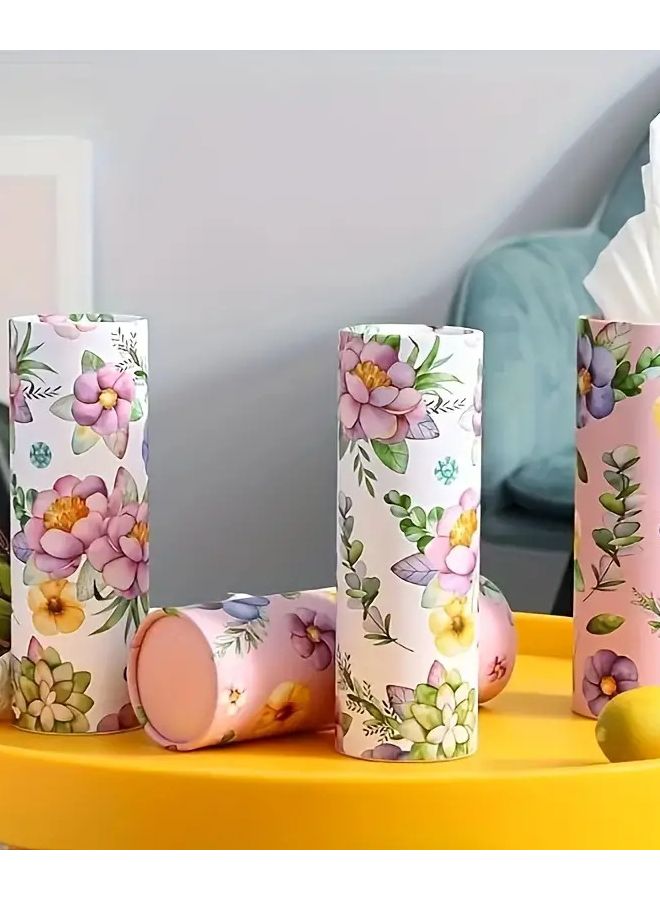 White Floral Print Car Tissue Box Holder Round Durable Stylish Vehicle Interior Decor - Image 4