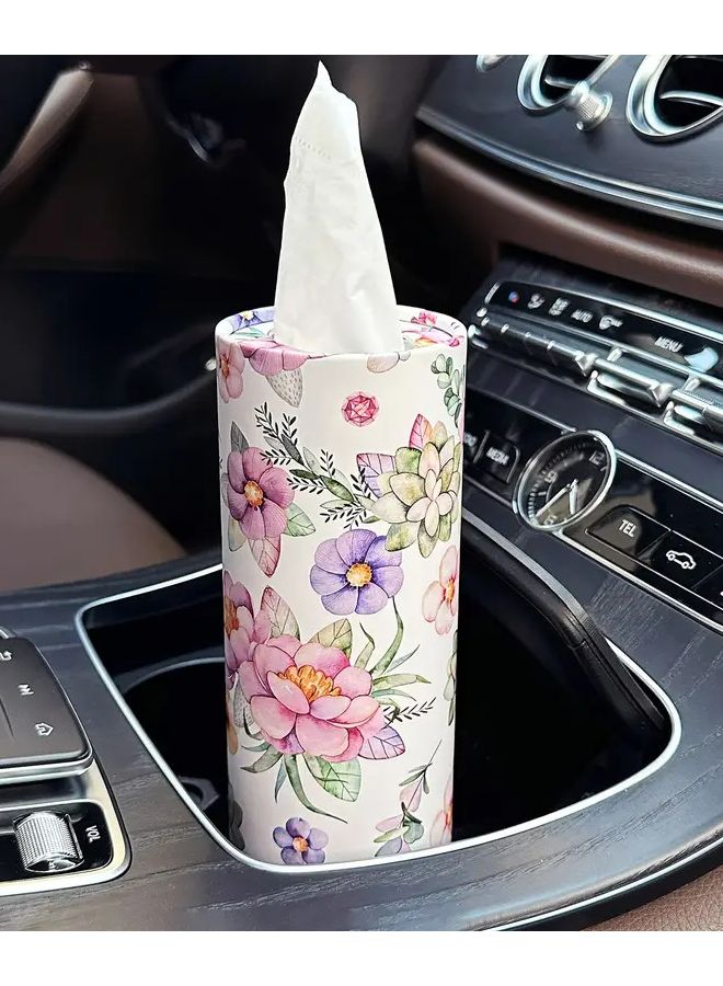White Floral Print Car Tissue Box Holder Round Durable Stylish Vehicle Interior Decor - Image 1