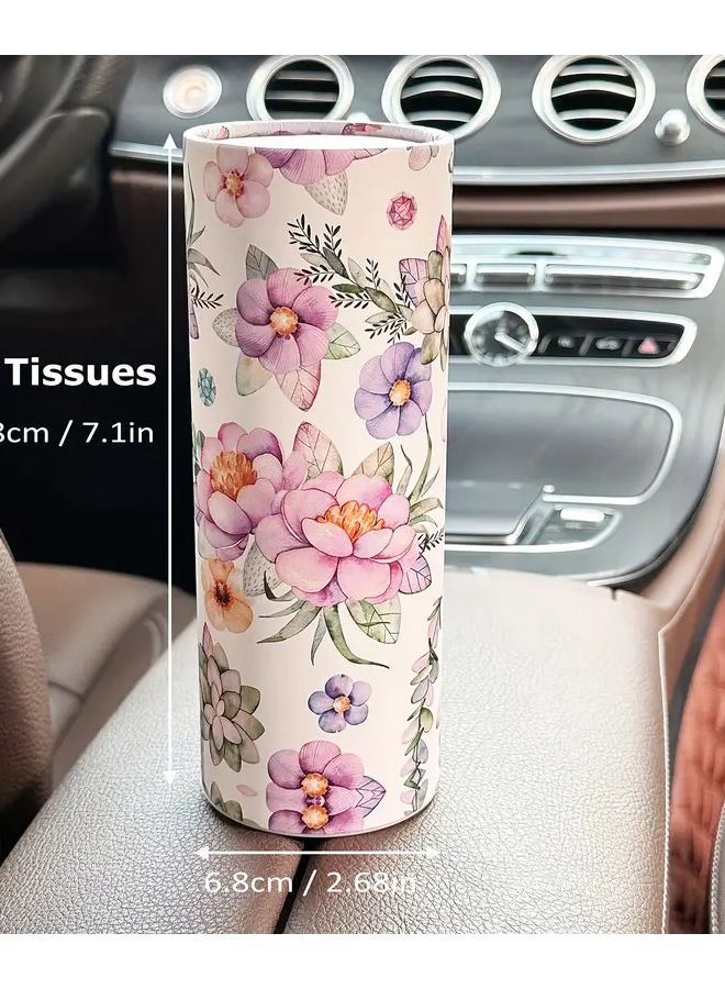 White Floral Print Car Tissue Box Holder Round Durable Stylish Vehicle Interior Decor - Image 3
