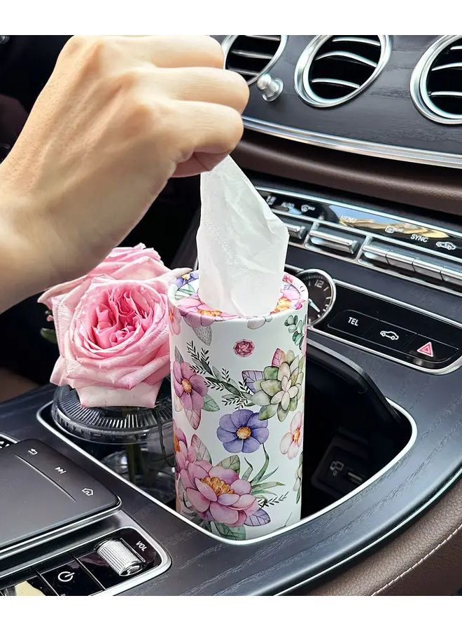 White Floral Print Car Tissue Box Holder Round Durable Stylish Vehicle Interior Decor - Image 5